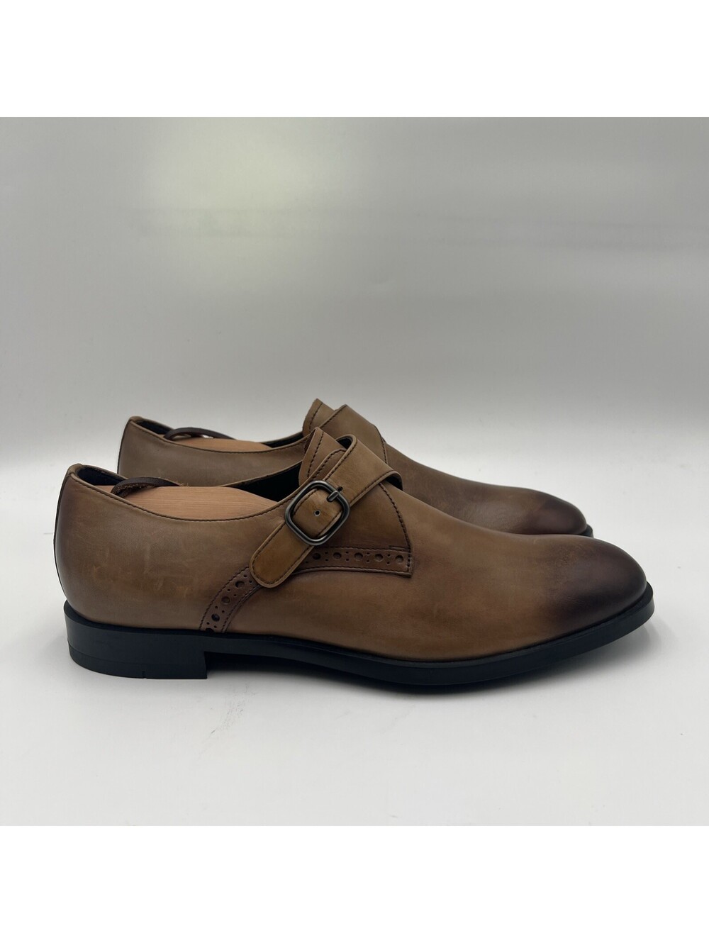 ERMENEGILDO ZEGNA Siena Flex Single Monk Strap Shoes Brown Leather Size 8D